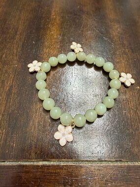 Jadeite Beaded Stretch Bracelet with Floral Charms